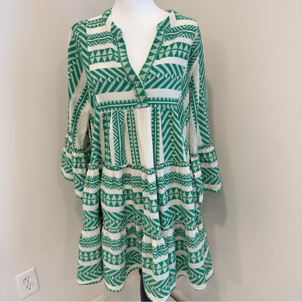 Devotion Twins Ella Dress Green and White Geometric Pattern L